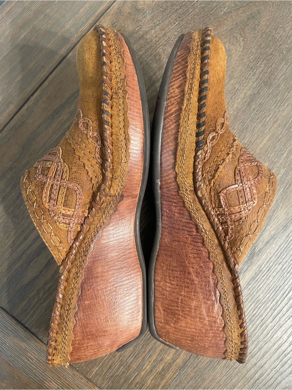 Artisan Tan Suede Embroidered Wedge Clogs